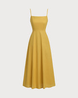 Yellow Square Neck Shirred Slip Midi Dress - Threadford