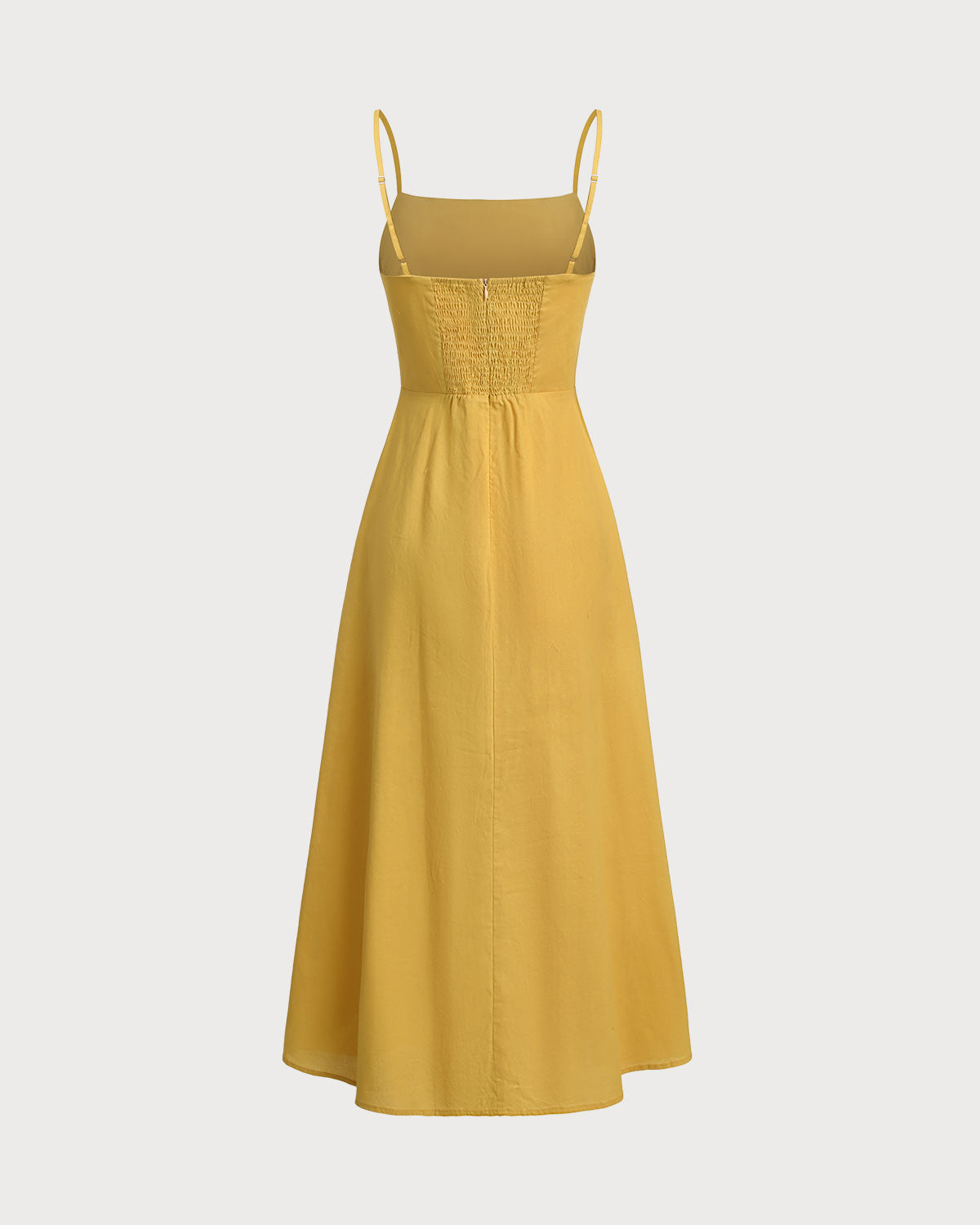 Yellow Square Neck Shirred Slip Midi Dress - Threadford