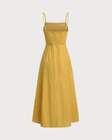 Yellow Square Neck Shirred Slip Midi Dress - Threadford