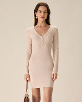 Apricot V-Neck Bodycon Sweater Dress - Threadford