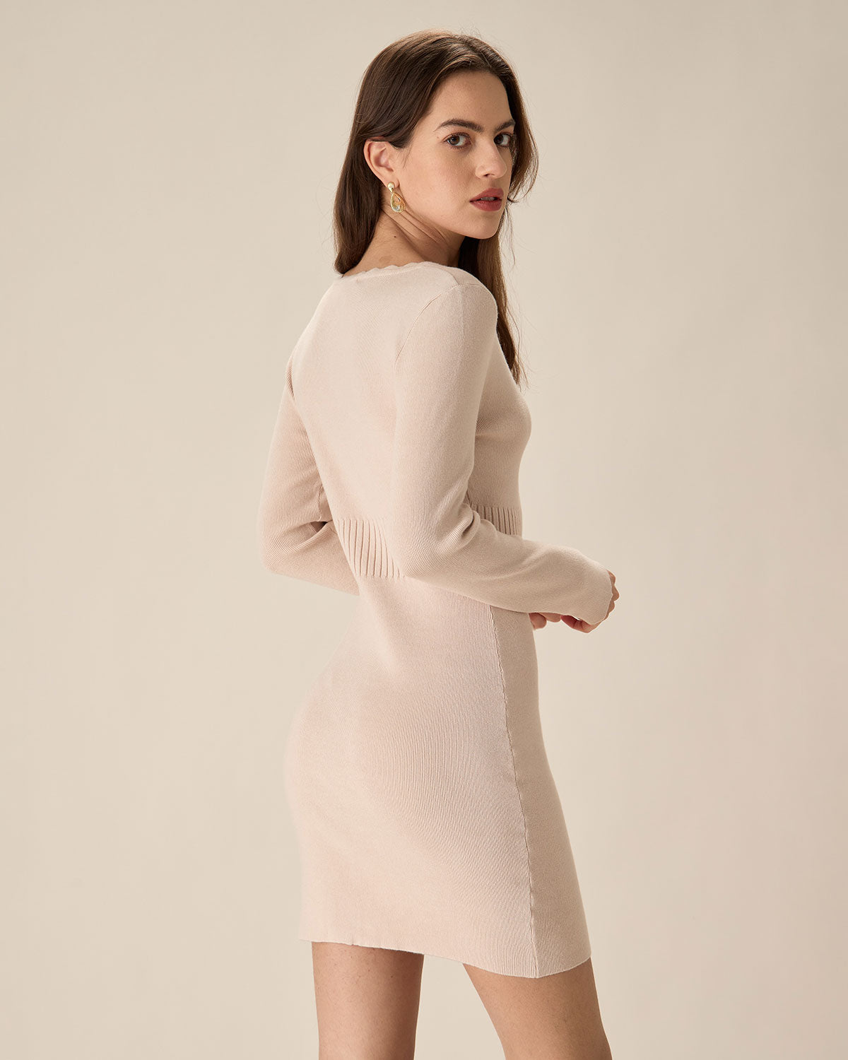 Apricot V-Neck Bodycon Sweater Dress - Threadford
