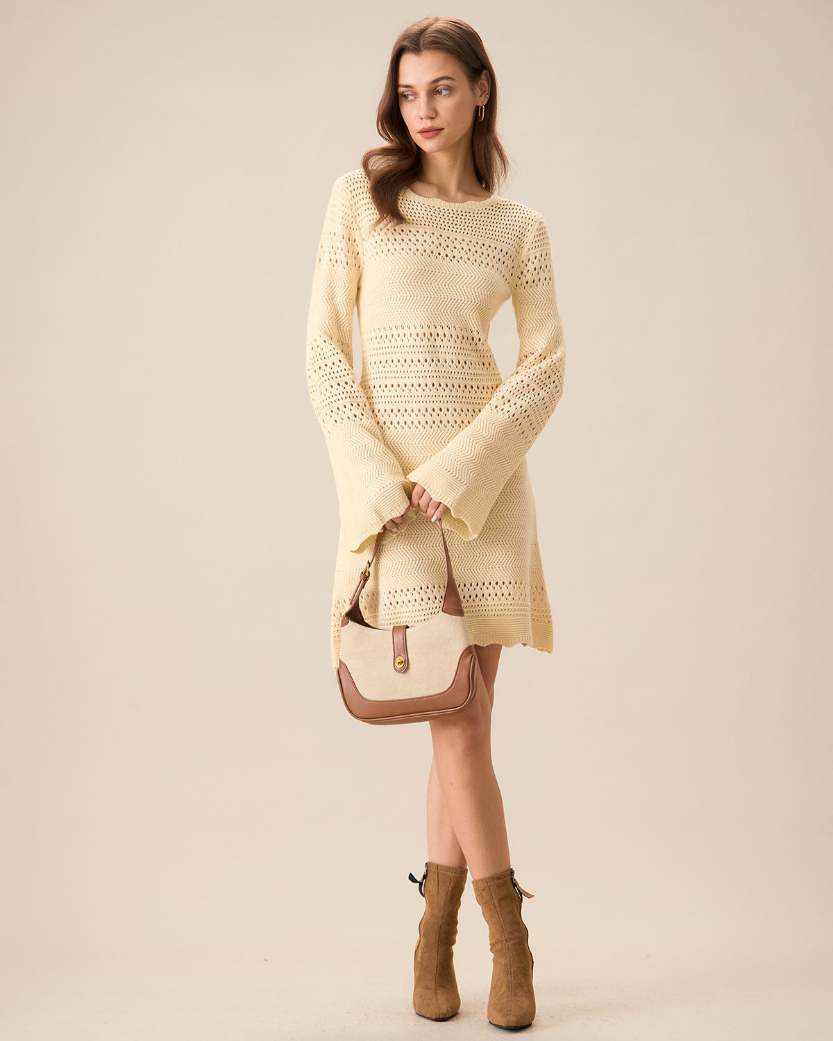 Women's Apricot Cutout Knitted Sweater Dress - Threadford