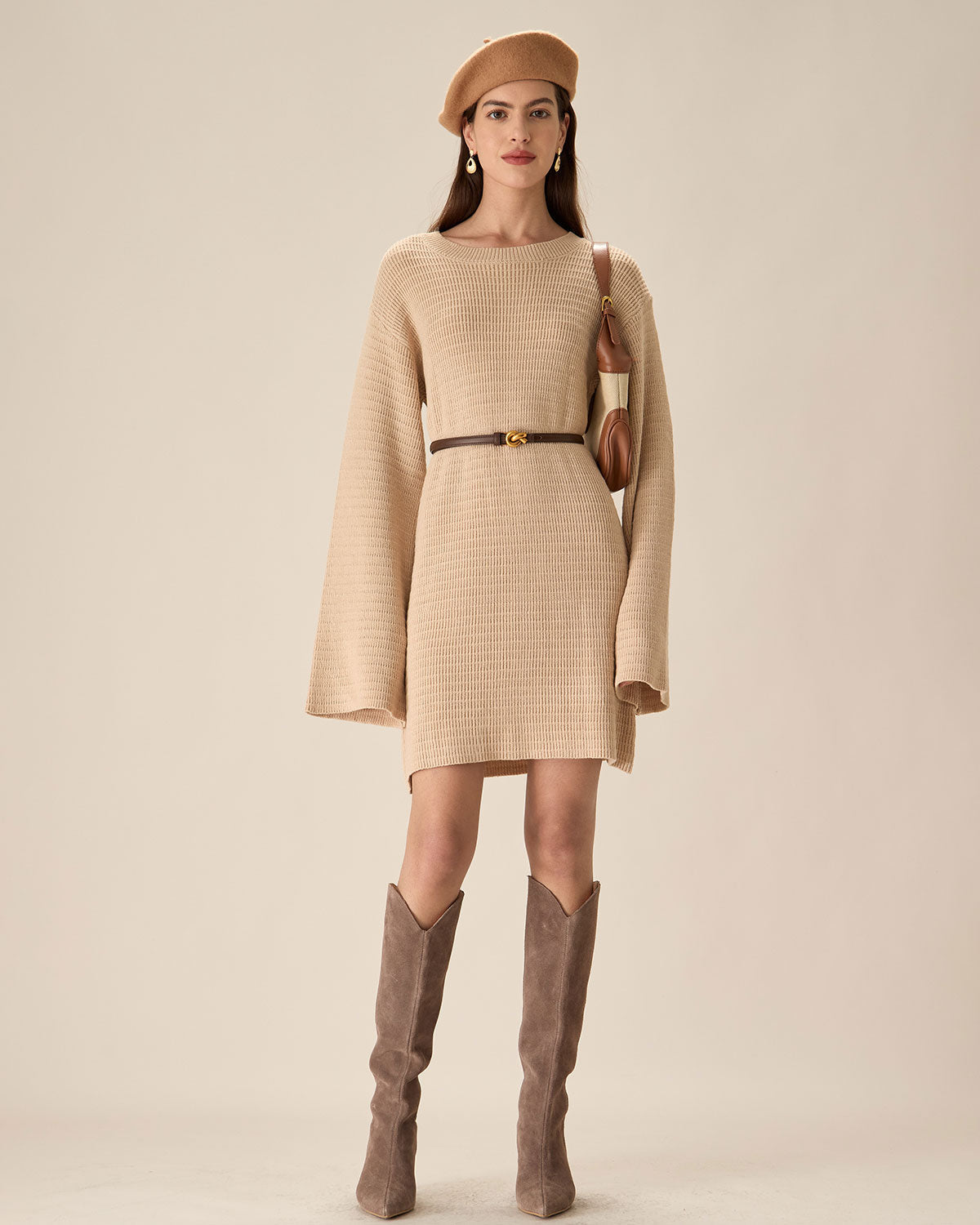 Beige Drop Shoulder Sweater Mini Dress - Threadford