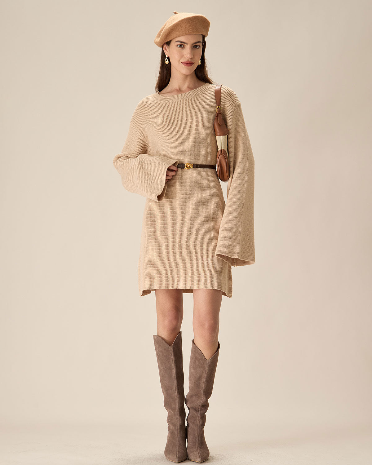 Beige Drop Shoulder Sweater Mini Dress - Threadford