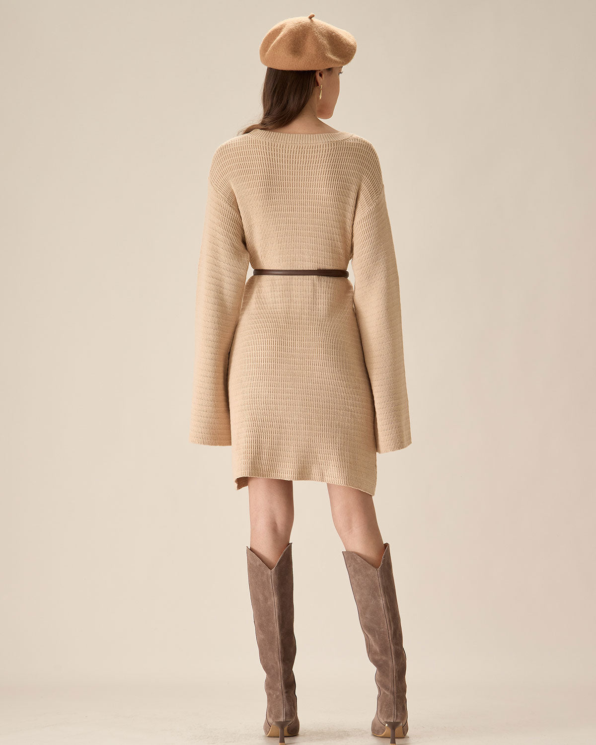 Beige Drop Shoulder Sweater Mini Dress - Threadford