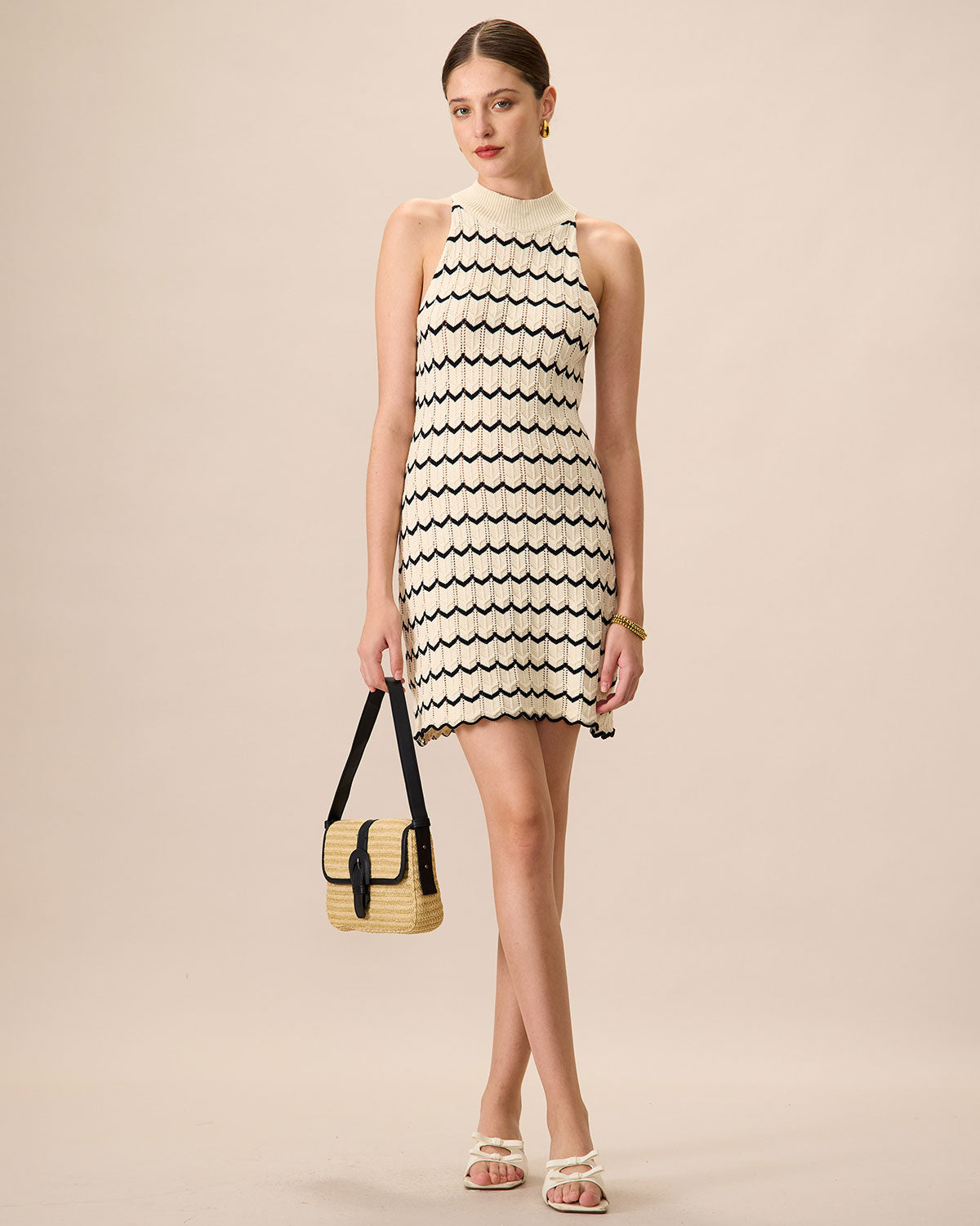 Women's Mock Neck Contrast Knitted Mini Dress - Threadford