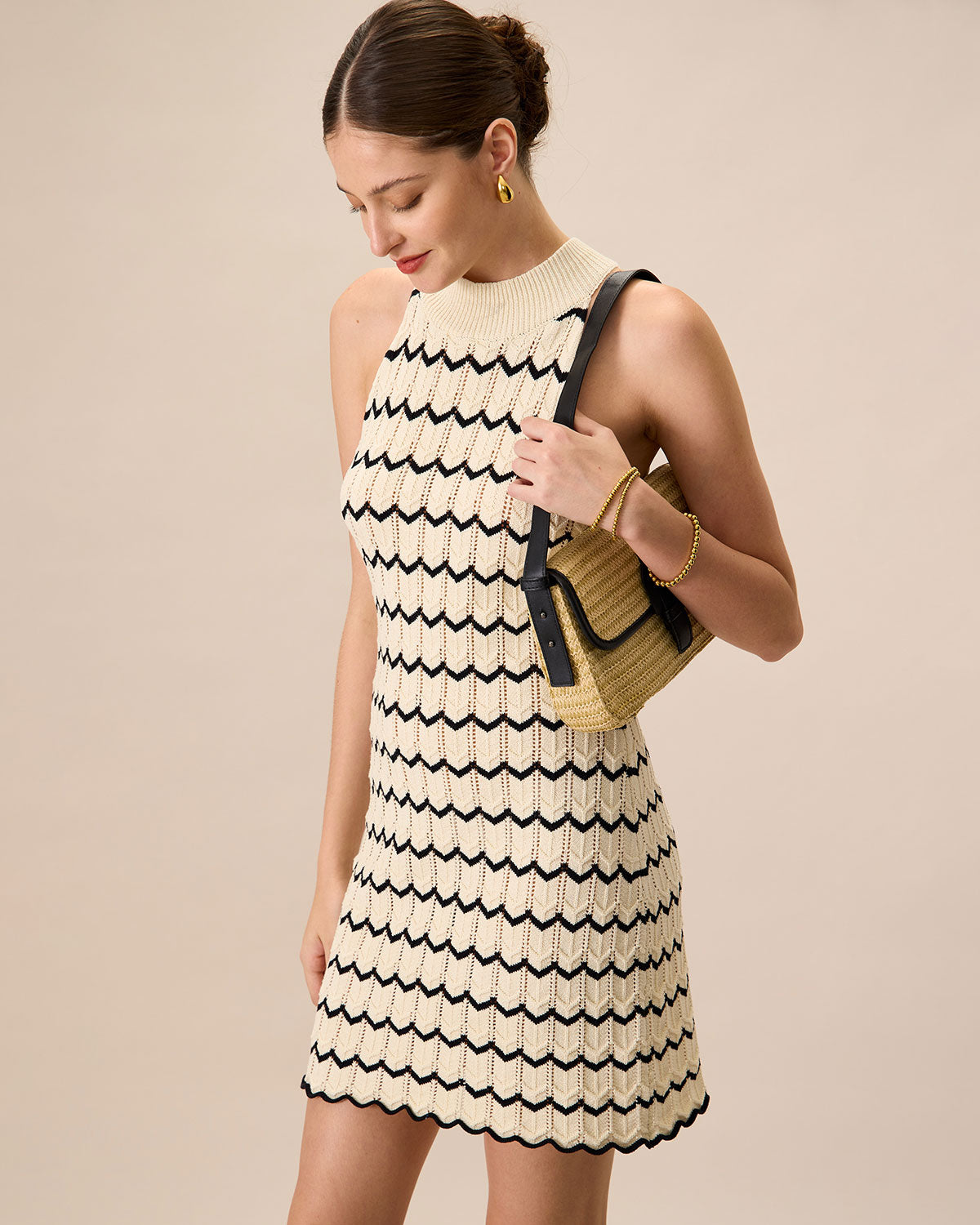 Women's Mock Neck Contrast Knitted Mini Dress - Threadford