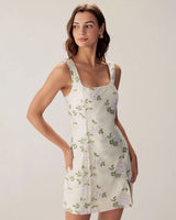 Beige Square Neck Embroidery Slit Slip Mini Dress - Threadford