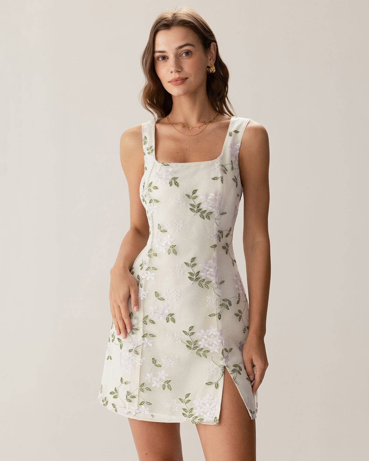 Beige Square Neck Embroidery Slit Slip Mini Dress - Threadford