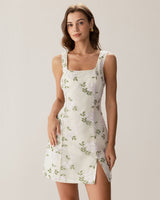 Beige Square Neck Embroidery Slit Slip Mini Dress - Threadford