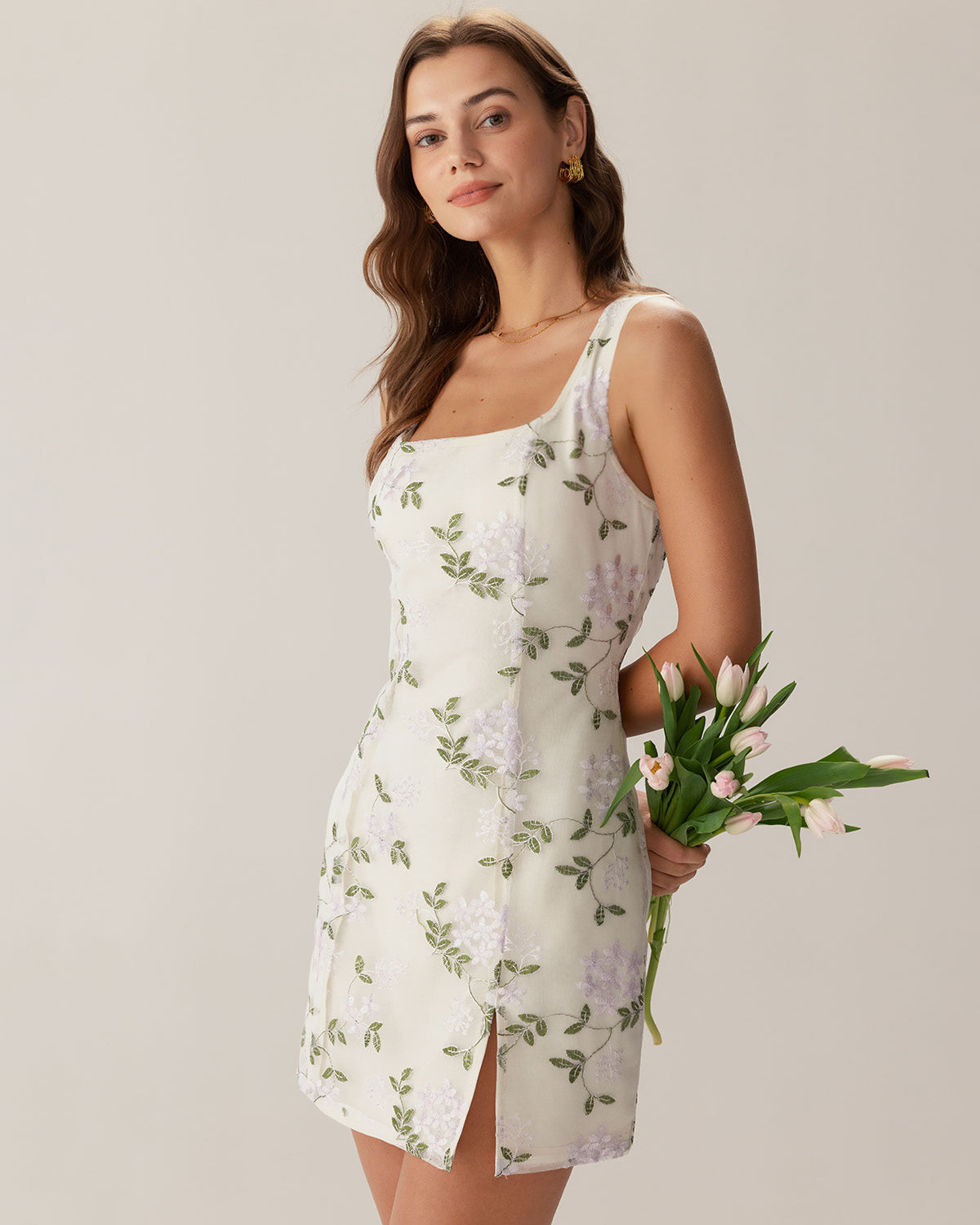 Beige Square Neck Embroidery Slit Slip Mini Dress - Threadford