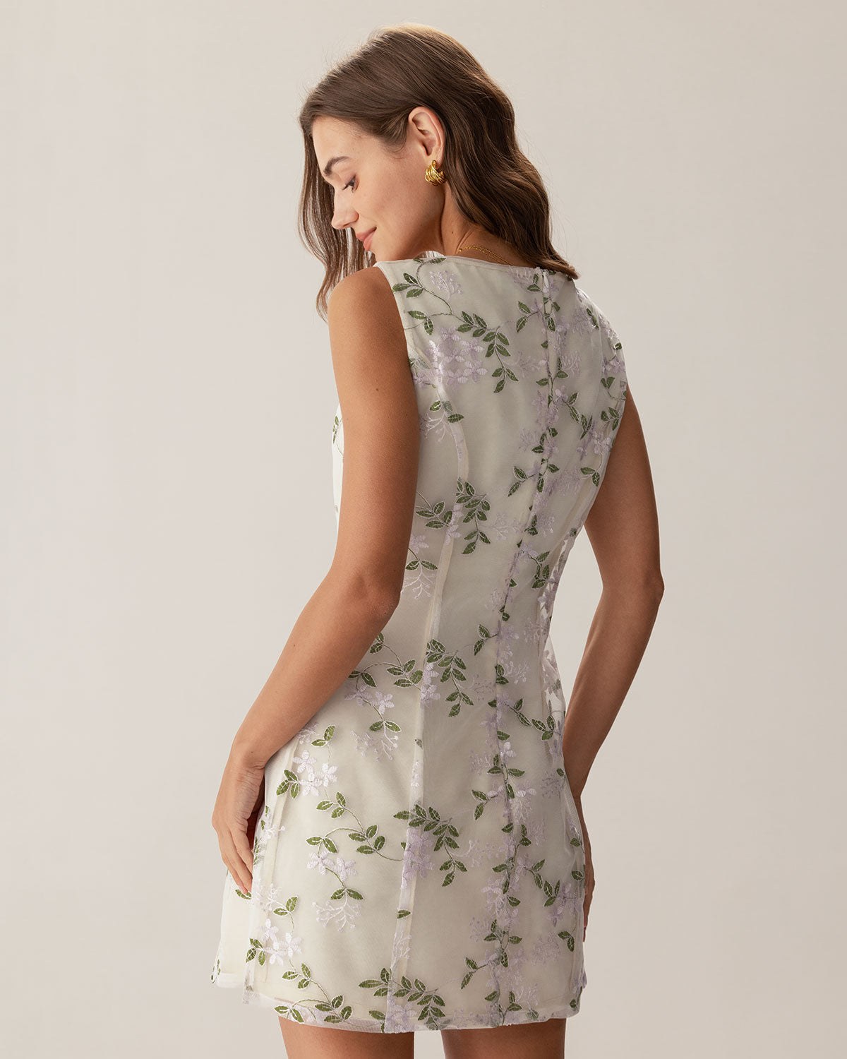 Beige Square Neck Embroidery Slit Slip Mini Dress - Threadford