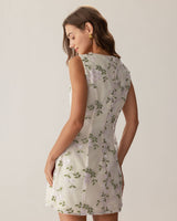 Beige Square Neck Embroidery Slit Slip Mini Dress - Threadford