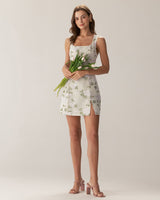 Beige Square Neck Embroidery Slit Slip Mini Dress - Threadford