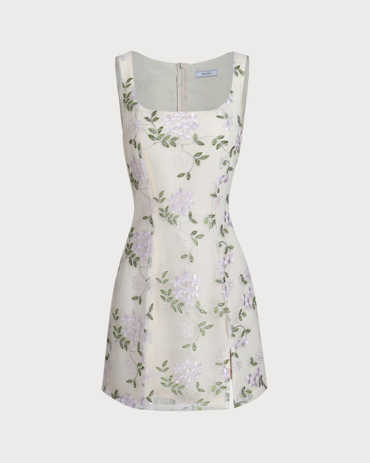 Beige Square Neck Embroidery Slit Slip Mini Dress - Threadford