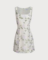 Beige Square Neck Embroidery Slit Slip Mini Dress - Threadford