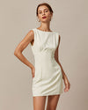 The Beige Boat Neck Back Bowknot Mini Dress - Threadford