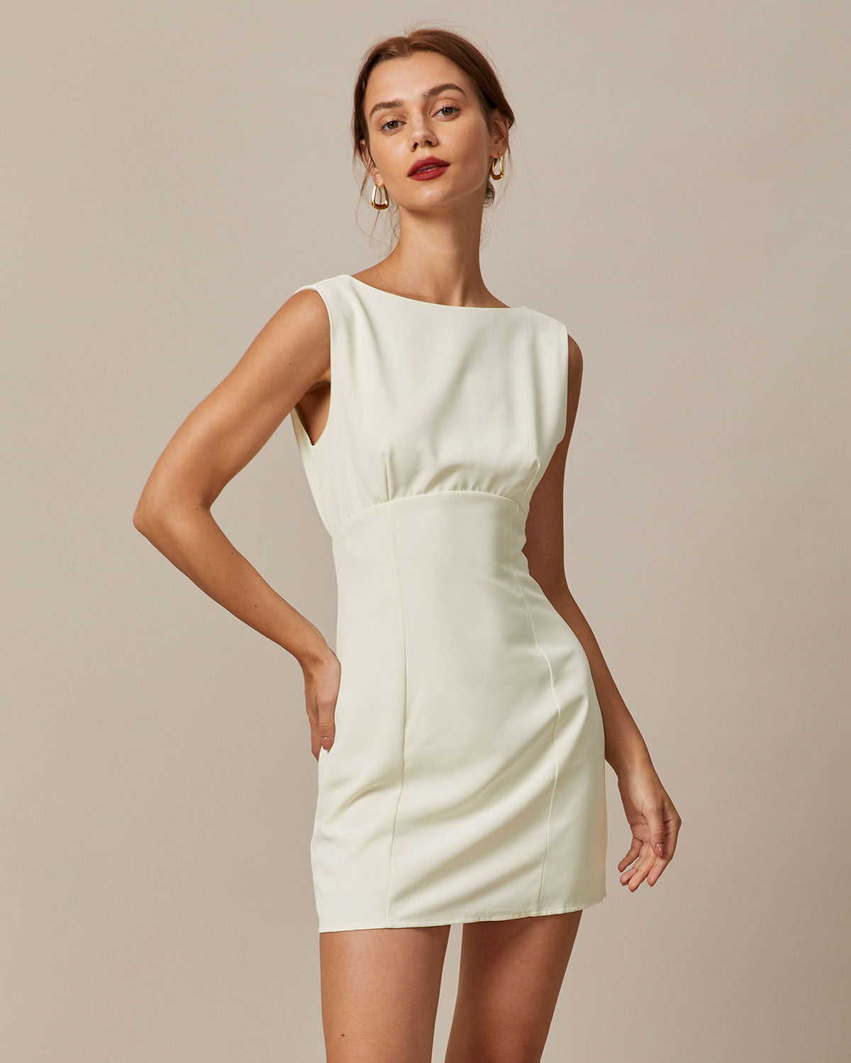 The Beige Boat Neck Back Bowknot Mini Dress - Threadford