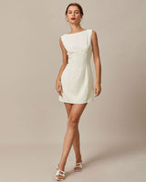 The Beige Boat Neck Back Bowknot Mini Dress - Threadford