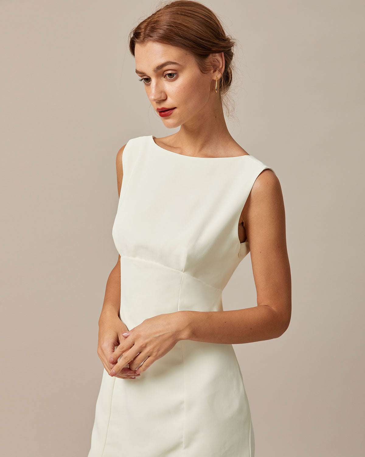 The Beige Boat Neck Back Bowknot Mini Dress - Threadford