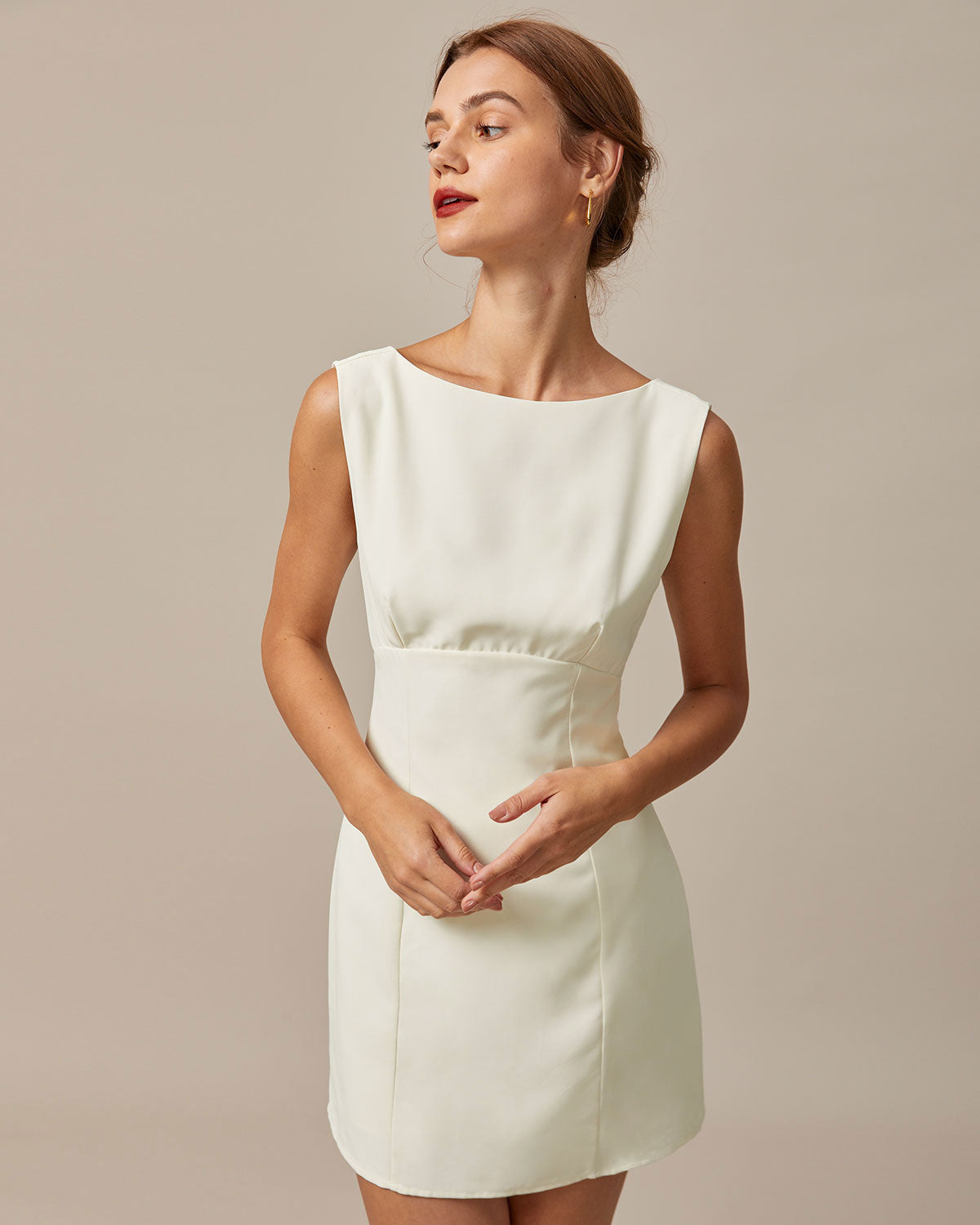 The Beige Boat Neck Back Bowknot Mini Dress - Threadford