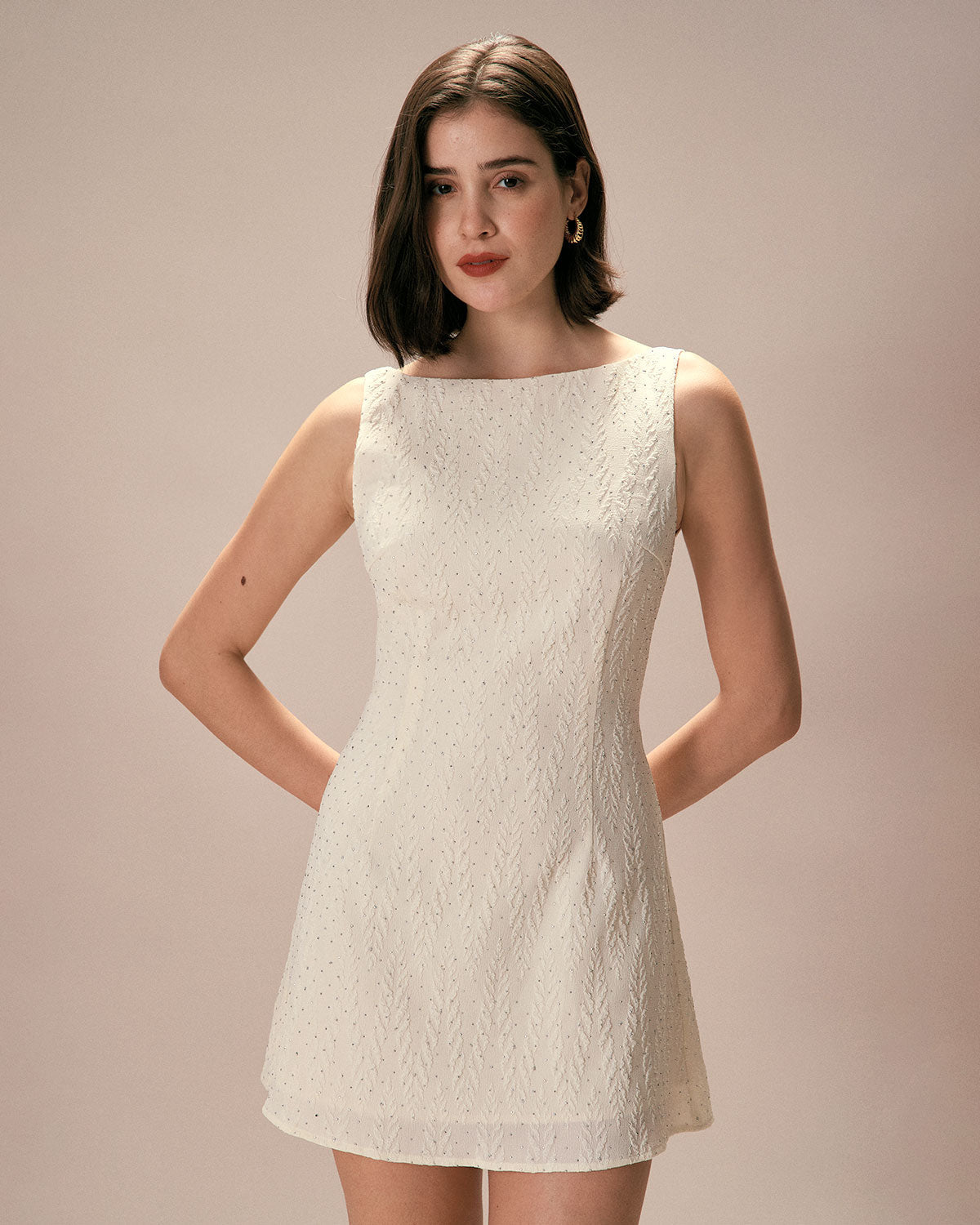 The Beige Boat Neck Textured Mini Dress - Threadford