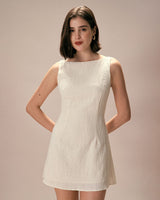 The Beige Boat Neck Textured Mini Dress - Threadford