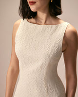 The Beige Boat Neck Textured Mini Dress - Threadford