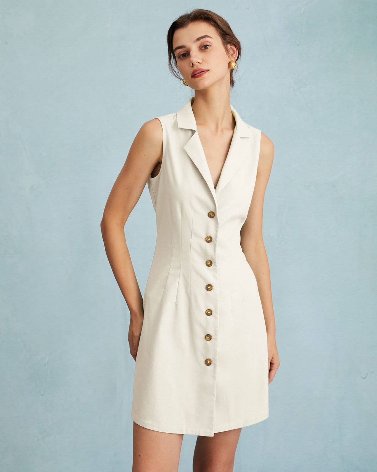 The Beige Lapel Button-up Sleeveless Mini Dress - Threadford