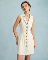 The Beige Lapel Button-up Sleeveless Mini Dress - Threadford