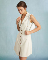 The Beige Lapel Button-up Sleeveless Mini Dress - Threadford