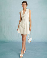 The Beige Lapel Button-up Sleeveless Mini Dress - Threadford