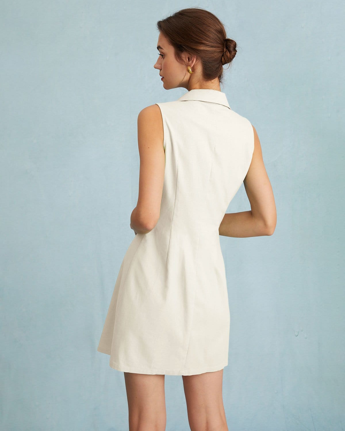 The Beige Lapel Button-up Sleeveless Mini Dress - Threadford