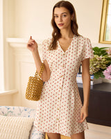 The Beige Polka Dot Button Mini Dress - Threadford