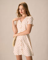The Beige Polka Dot Button Mini Dress - Threadford