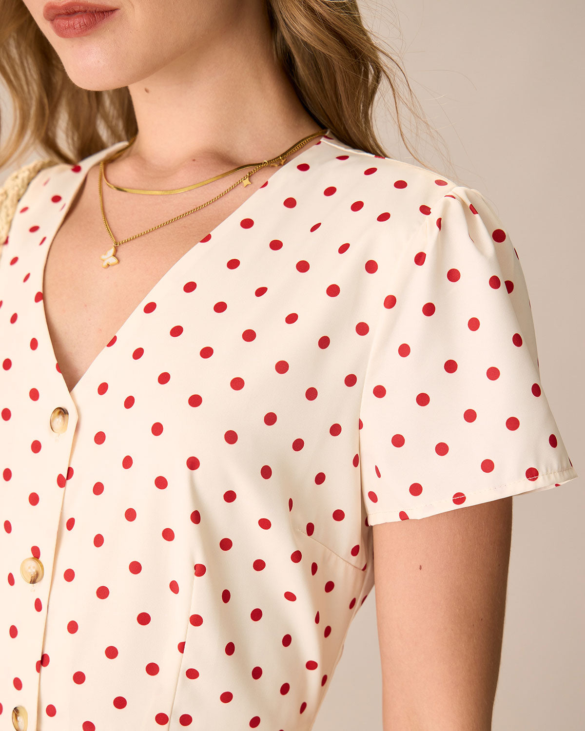 The Beige Polka Dot Button Mini Dress - Threadford