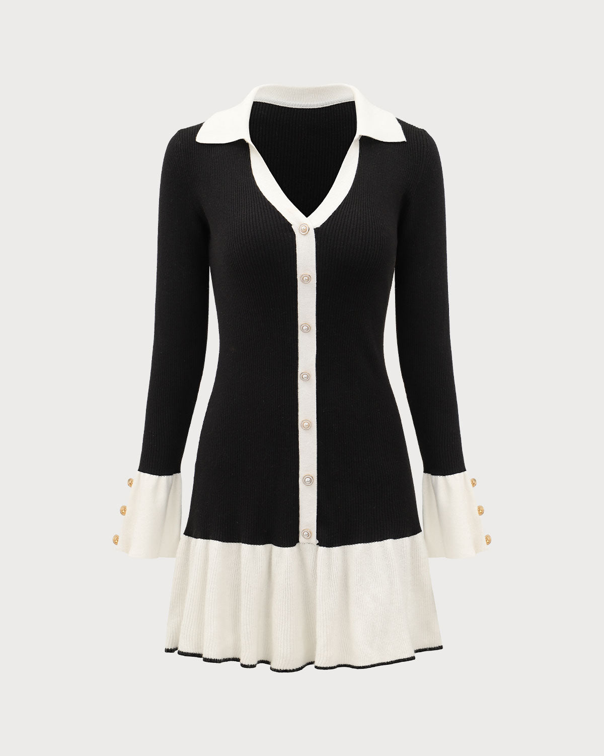 Black Contrasting Bell Sleeve Sweater Dress - Threadford