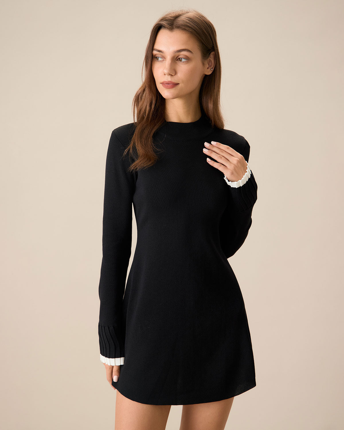 Black Contrasting Long Sleeve Sweater Mini Dress - Threadford