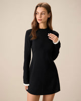 Black Contrasting Long Sleeve Sweater Mini Dress - Threadford