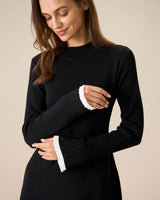 Black Contrasting Long Sleeve Sweater Mini Dress - Threadford