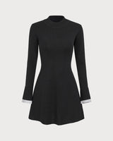 Black Contrasting Long Sleeve Sweater Mini Dress - Threadford