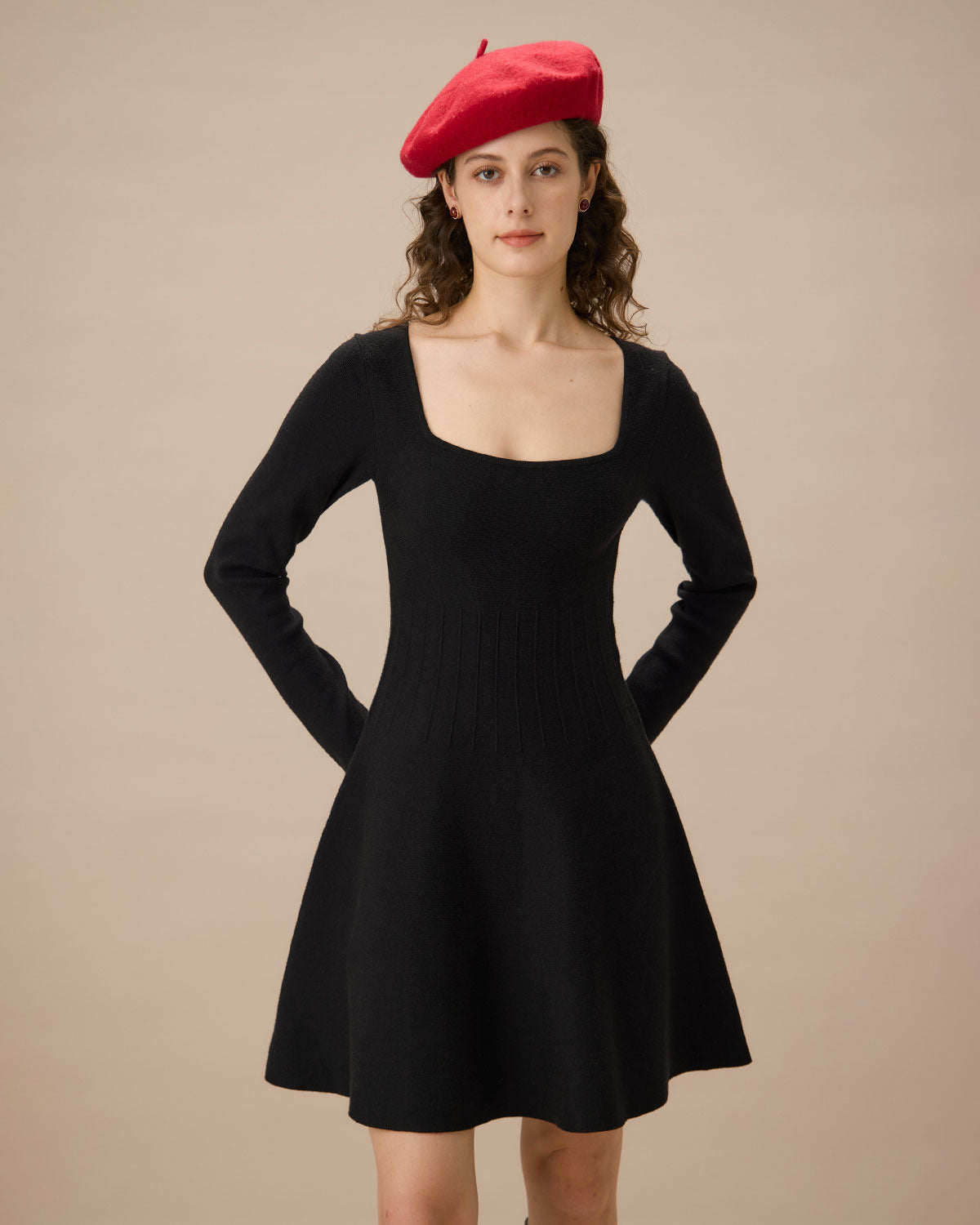 Black Square Neck Ribbed Sweater Dress - Threadford