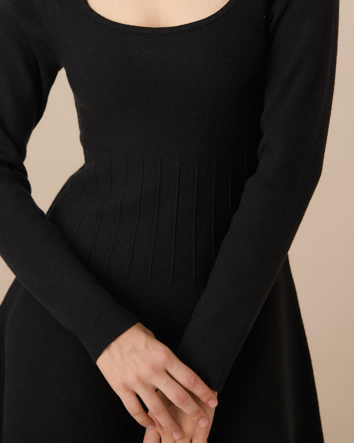 Black Square Neck Ribbed Sweater Dress - Threadford