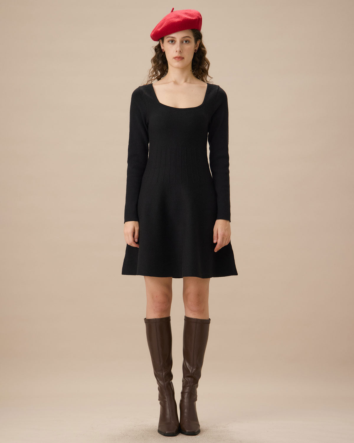 Black Square Neck Ribbed Sweater Dress - Threadford