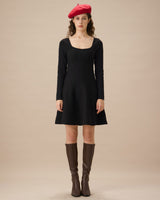 Black Square Neck Ribbed Sweater Dress - Threadford