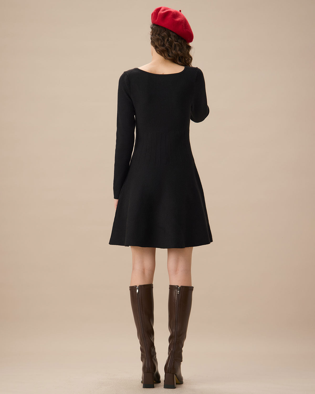 Black Square Neck Ribbed Sweater Dress - Threadford