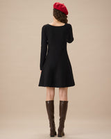 Black Square Neck Ribbed Sweater Dress - Threadford