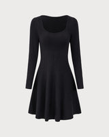 Black Square Neck Ribbed Sweater Dress - Threadford