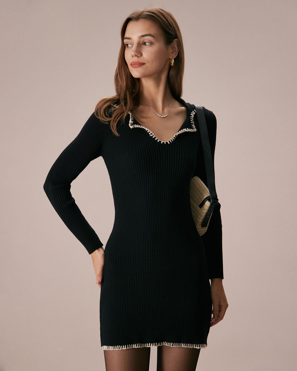 The Black Contrast Stitch Sweater Mini Dress - Threadford