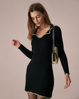 The Black Contrast Stitch Sweater Mini Dress - Threadford